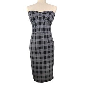 Guess Strapless Dress Medium Black Plaid Stretch Bodycon Academia Feminine Sexy